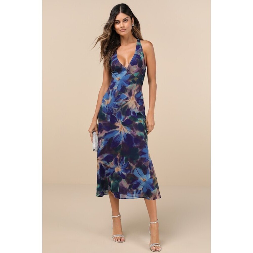 Lulus Delight In Elegance Blue Multi Floral Halter Cutout Midi Dress - Size M